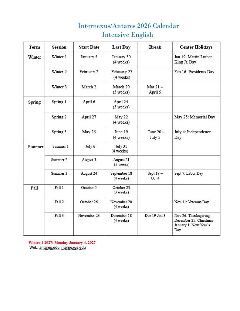 Internexus/Antares 2026 intensive English calendar